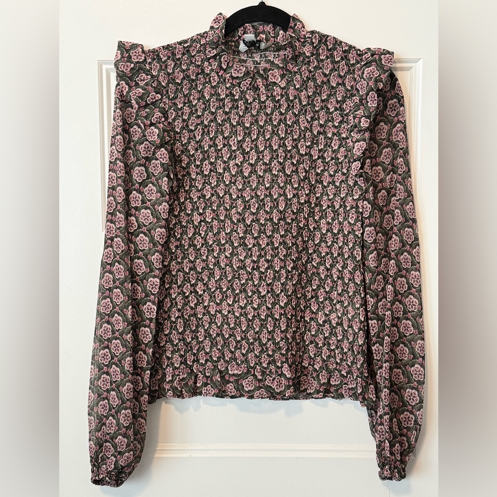 Molly Bracken Semi-Sheer Floral Smocked Blouse Size Small Boho Ruffle Sleeve - Picture 3 of 9